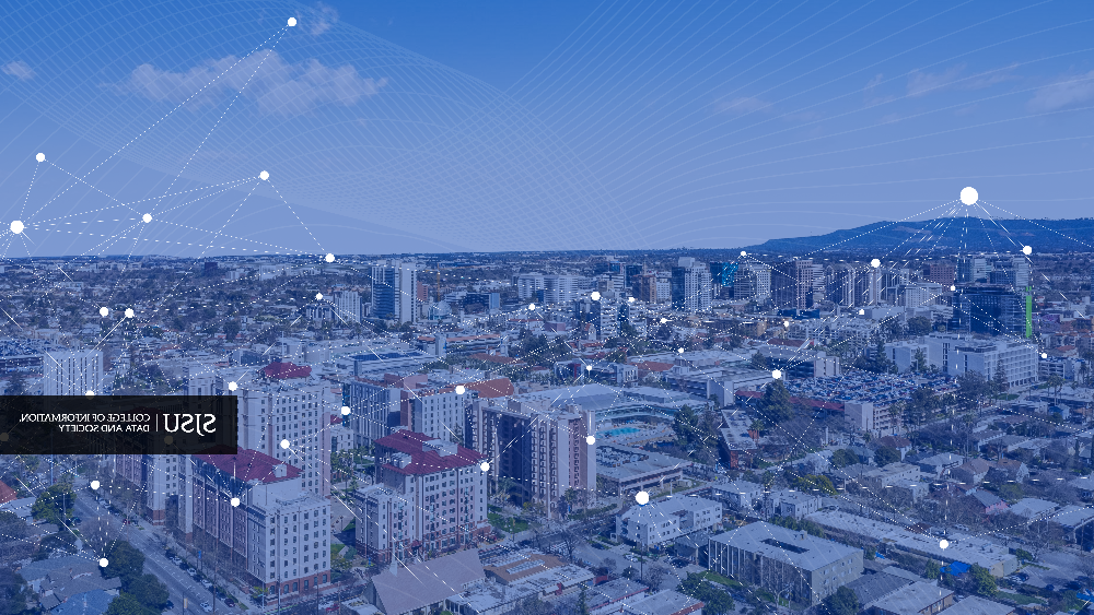 Aerial view of San Jose with visual graphic of data and College of IDS Lockup